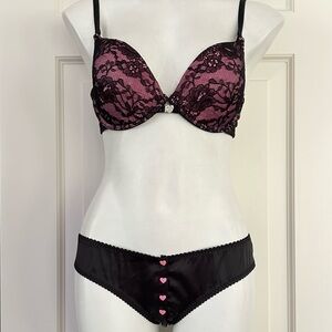 Victoria's Secret Sexy Little Things Pink Black Lace Bra & Heart Panty Set 36C/M